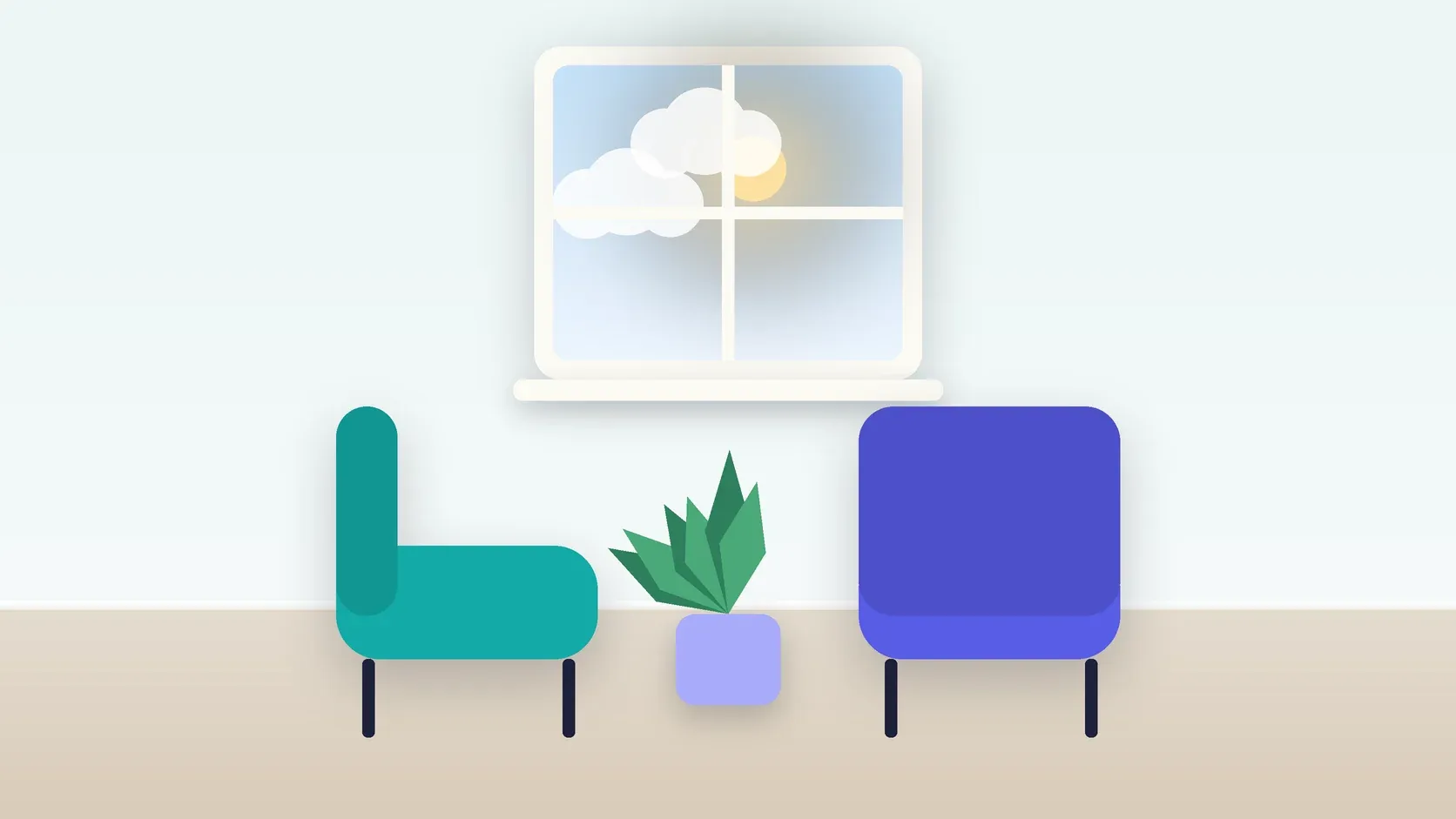 Illustration of two armchairs facing each other in a bright therapy room with a plant and a window