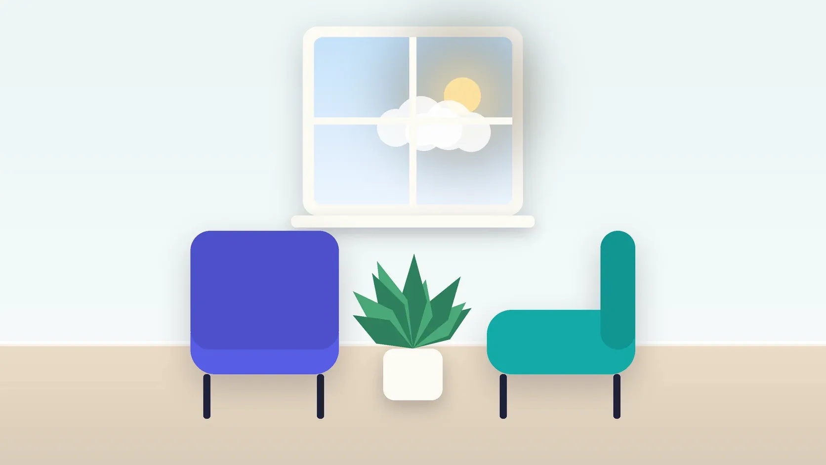 Illustration of two armchairs facing each other in a bright therapy room with a plant and a window