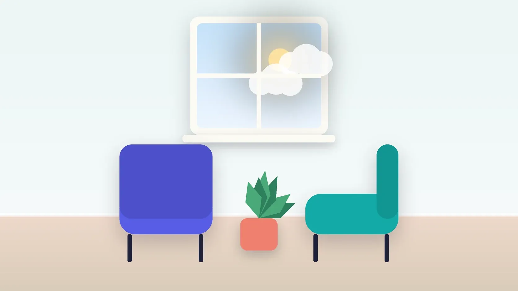 Illustration of two armchairs facing each other in a bright therapy room with a plant and a window