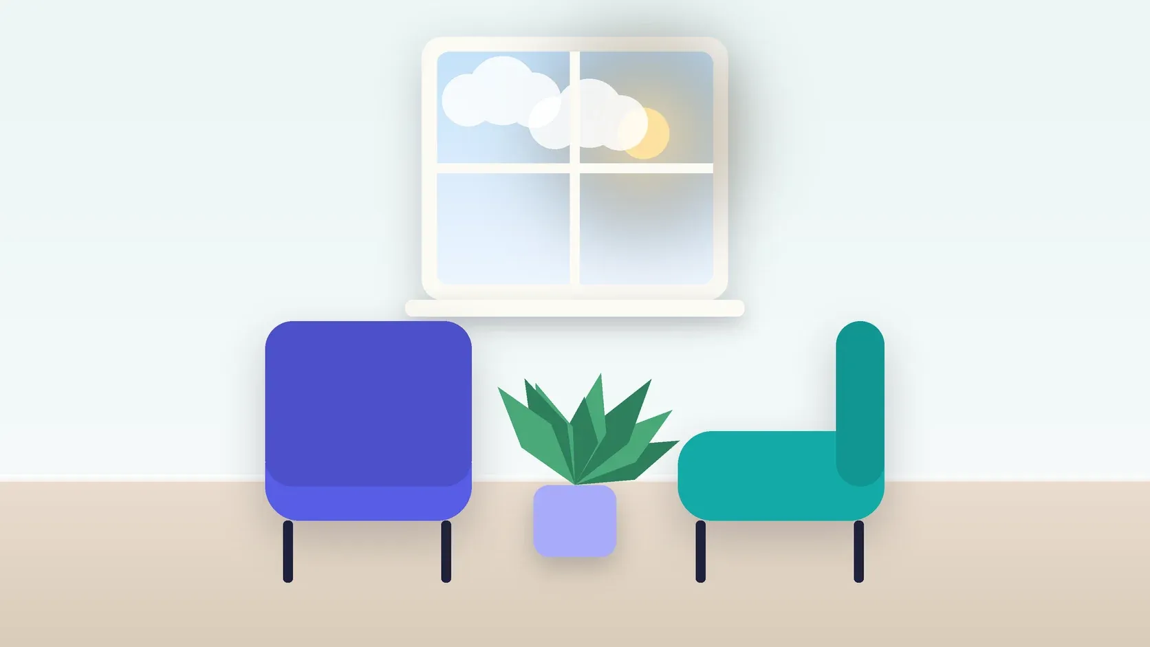Illustration of two armchairs facing each other in a bright therapy room with a plant and a window