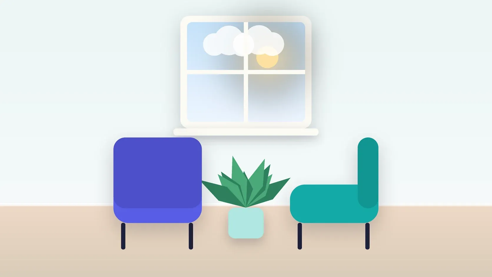 Illustration of two armchairs facing each other in a bright therapy room with a plant and a window
