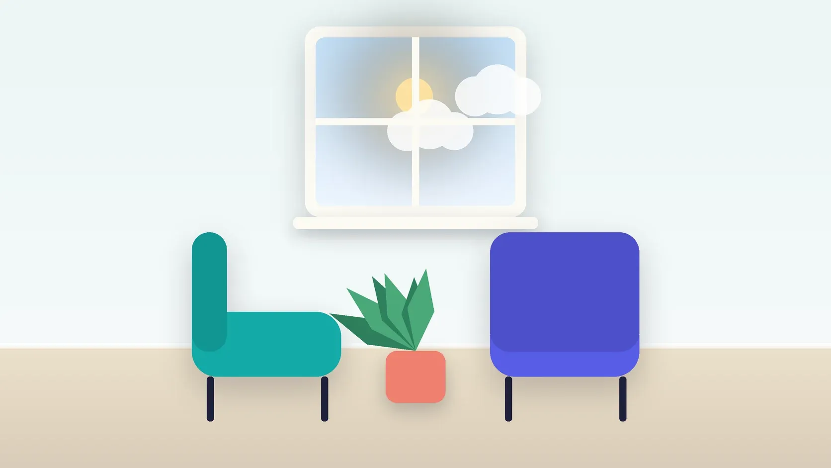 Illustration of two armchairs facing each other in a bright therapy room with a plant and a window