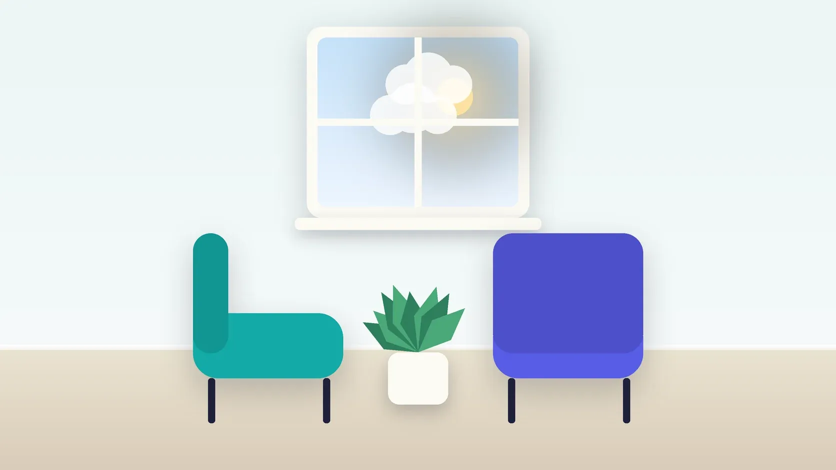 Illustration of two armchairs facing each other in a bright therapy room with a plant and a window