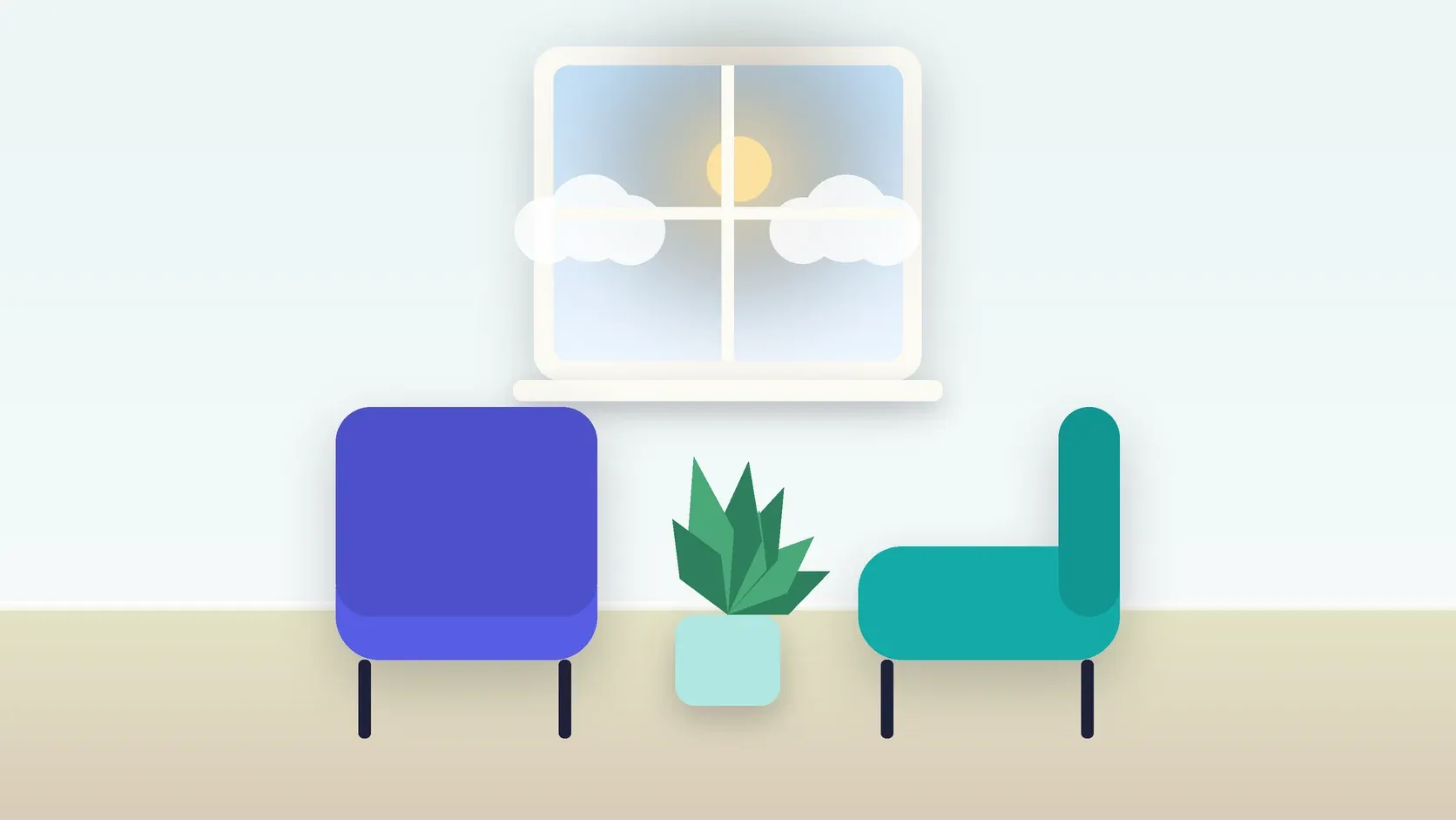 Illustration of two armchairs facing each other in a bright therapy room with a plant and a window