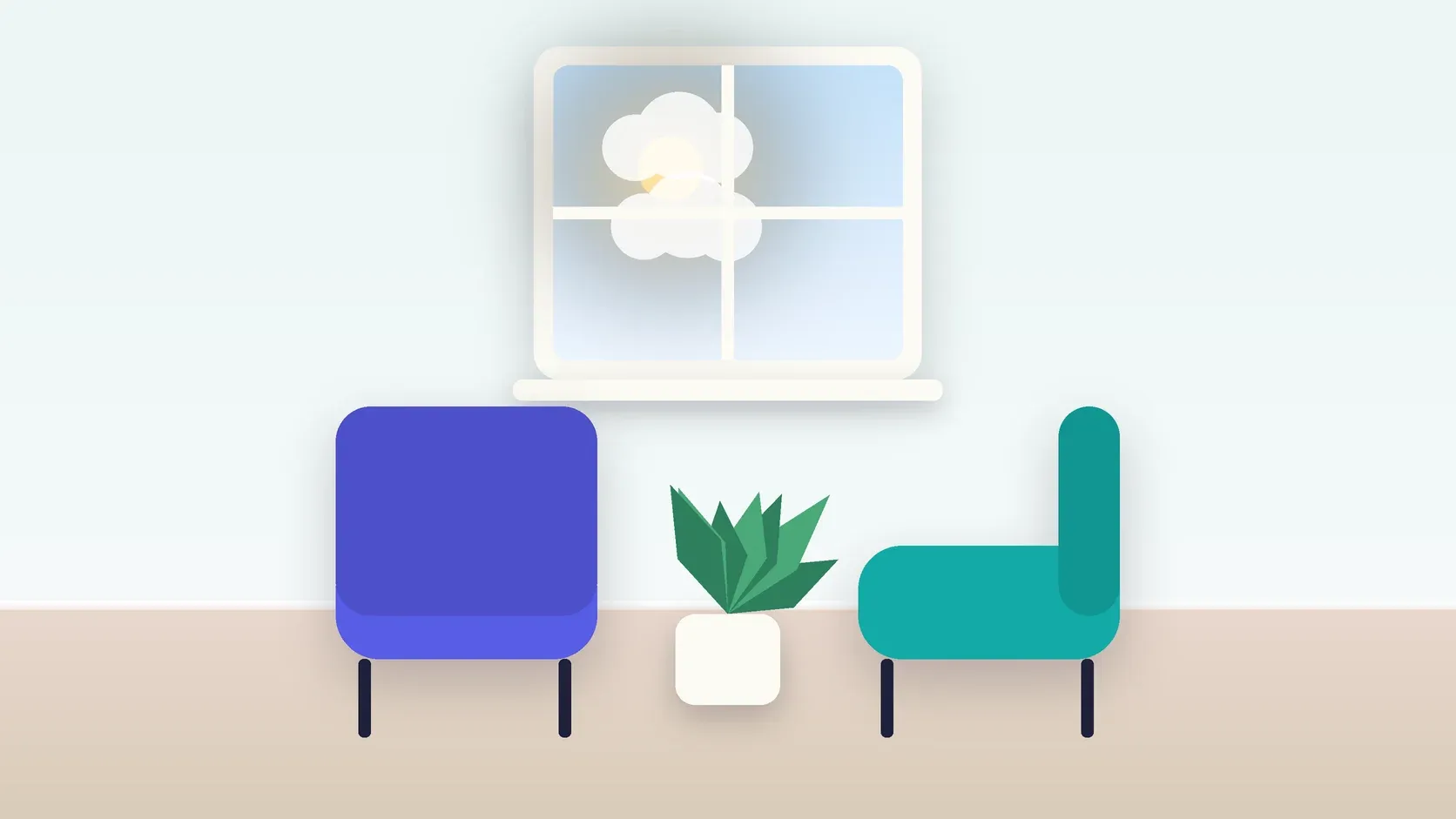 Illustration of two armchairs facing each other in a bright therapy room with a plant and a window