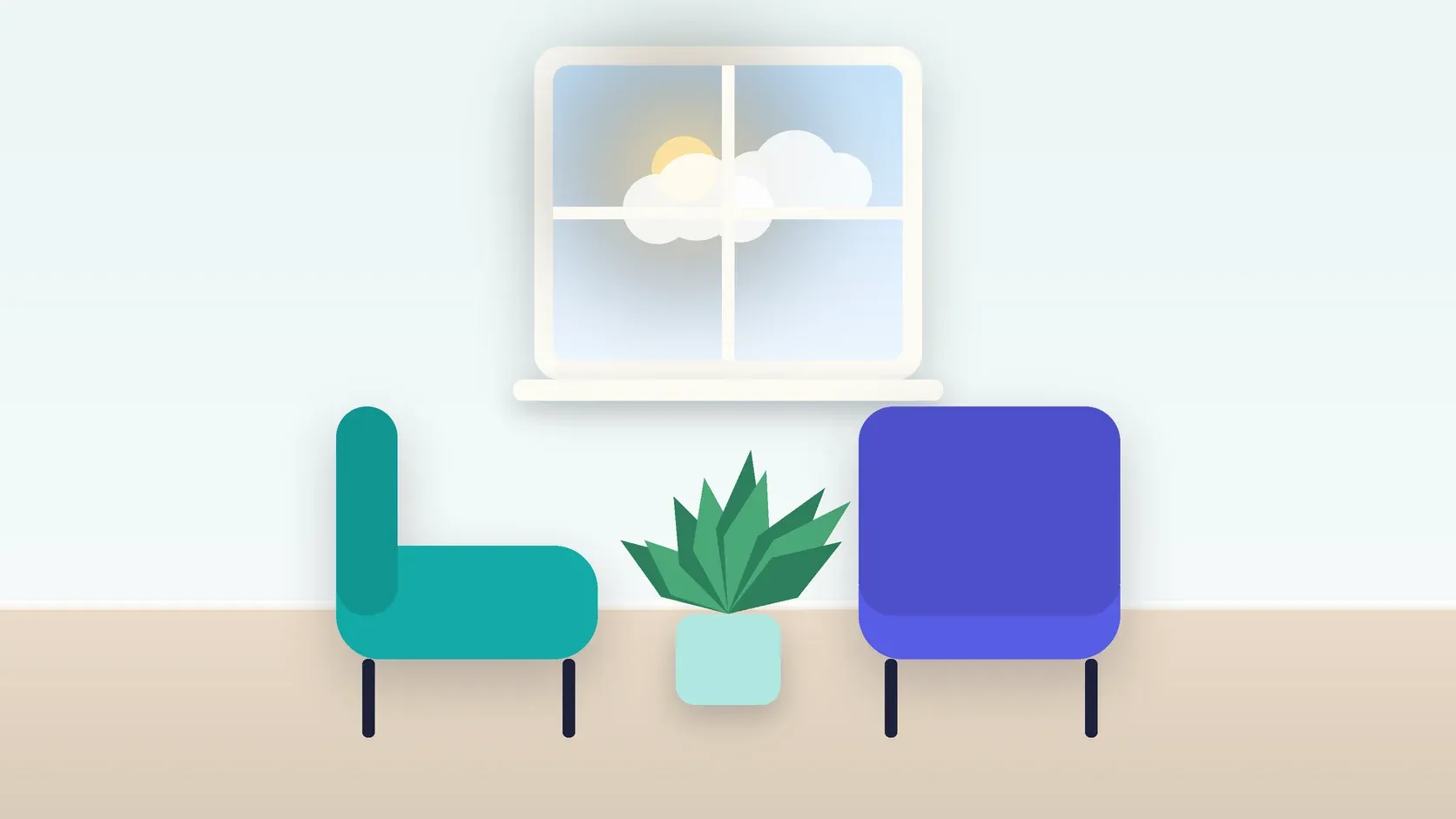 Illustration of two armchairs facing each other in a bright therapy room with a plant and a window