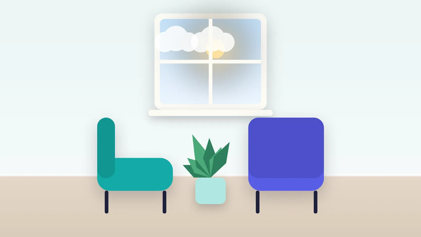 Illustration of two armchairs facing each other in a bright therapy room with a plant and a window