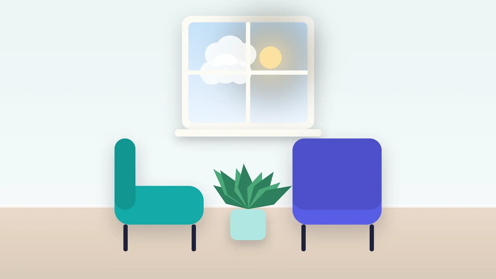 Illustration of two armchairs facing each other in a bright therapy room with a plant and a window