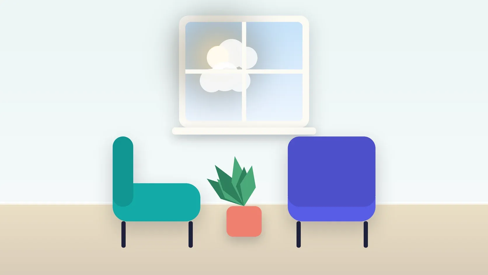 Illustration of two armchairs facing each other in a bright therapy room with a plant and a window