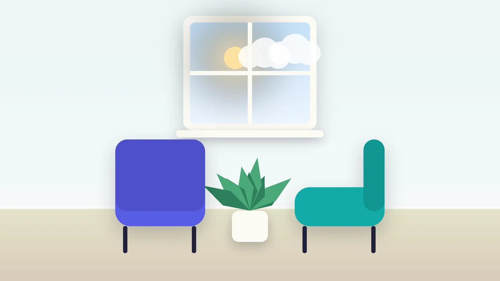Illustration of two armchairs facing each other in a bright therapy room with a plant and a window