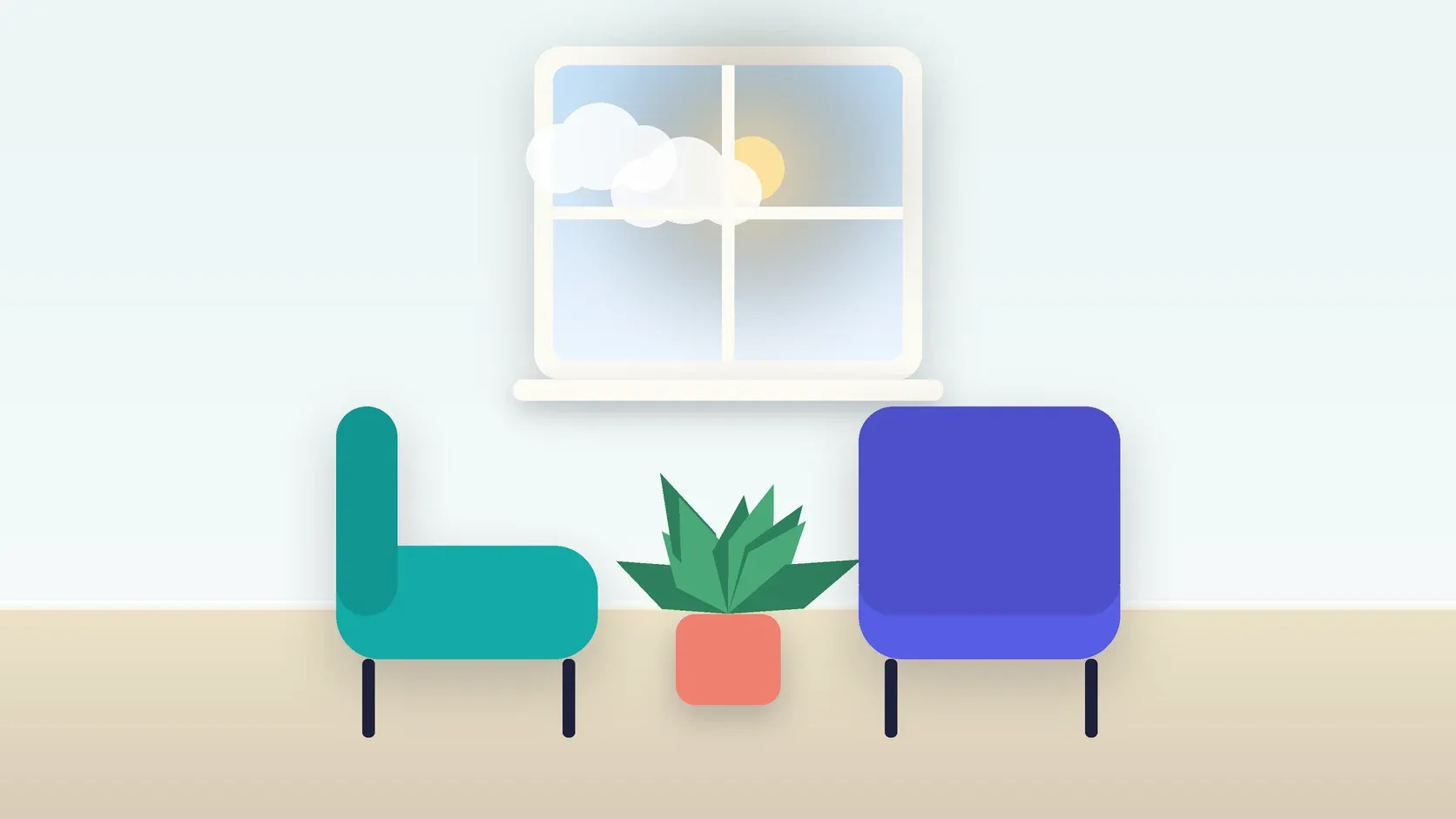 Illustration of two armchairs facing each other in a bright therapy room with a plant and a window