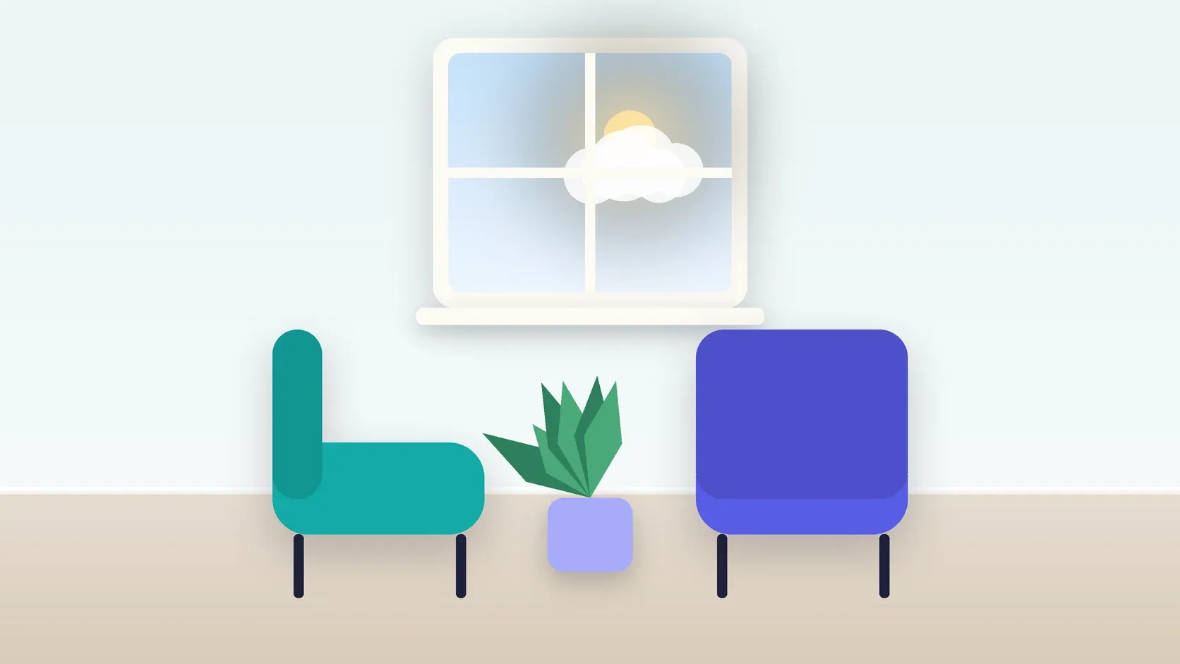Illustration of two armchairs facing each other in a bright therapy room with a plant and a window