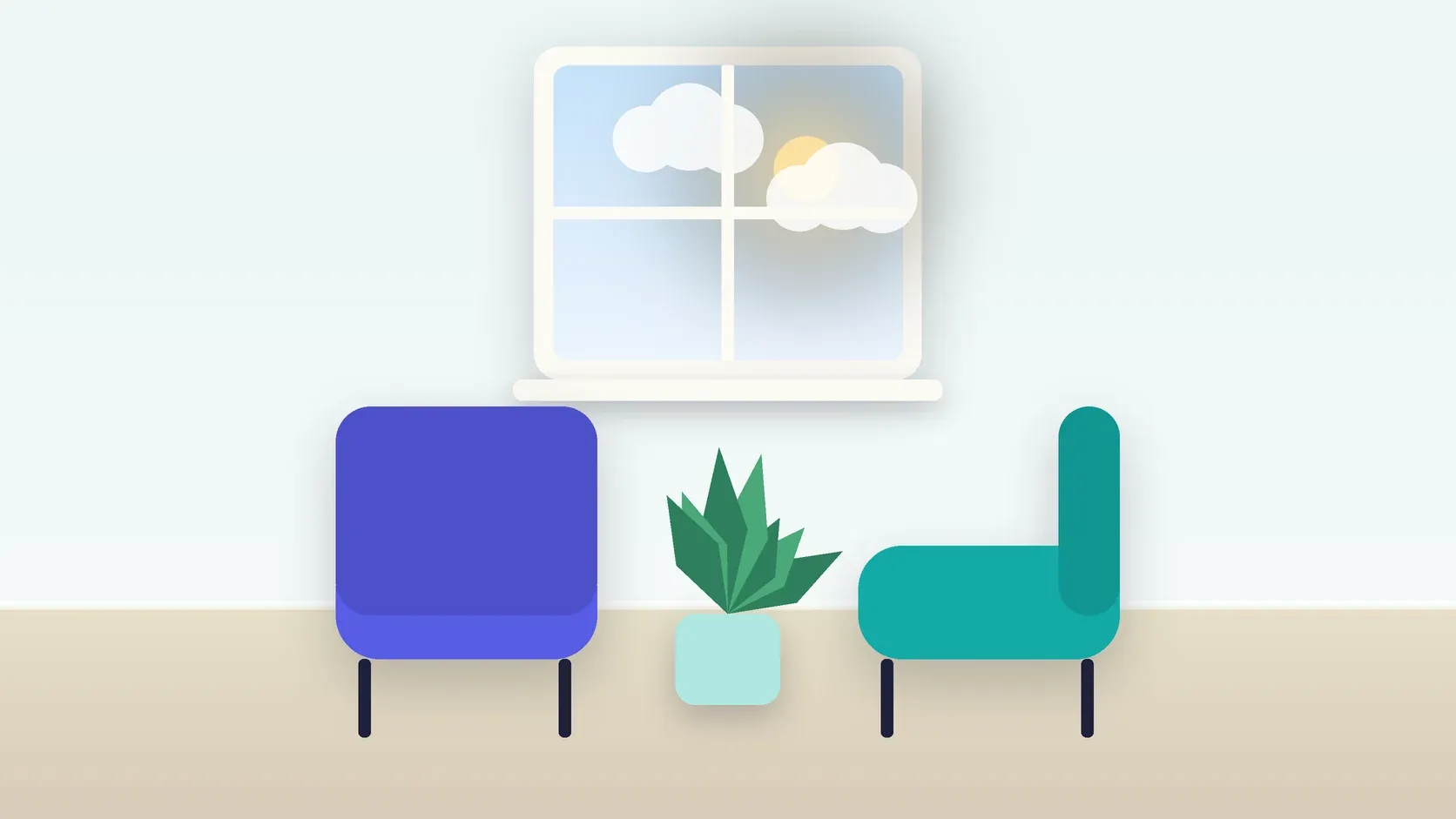 Illustration of two armchairs facing each other in a bright therapy room with a plant and a window