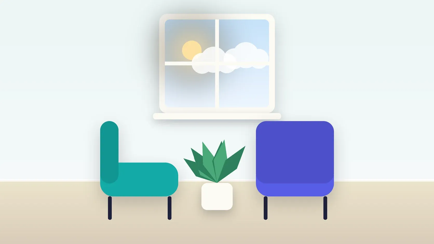 Illustration of two armchairs facing each other in a bright therapy room with a plant and a window