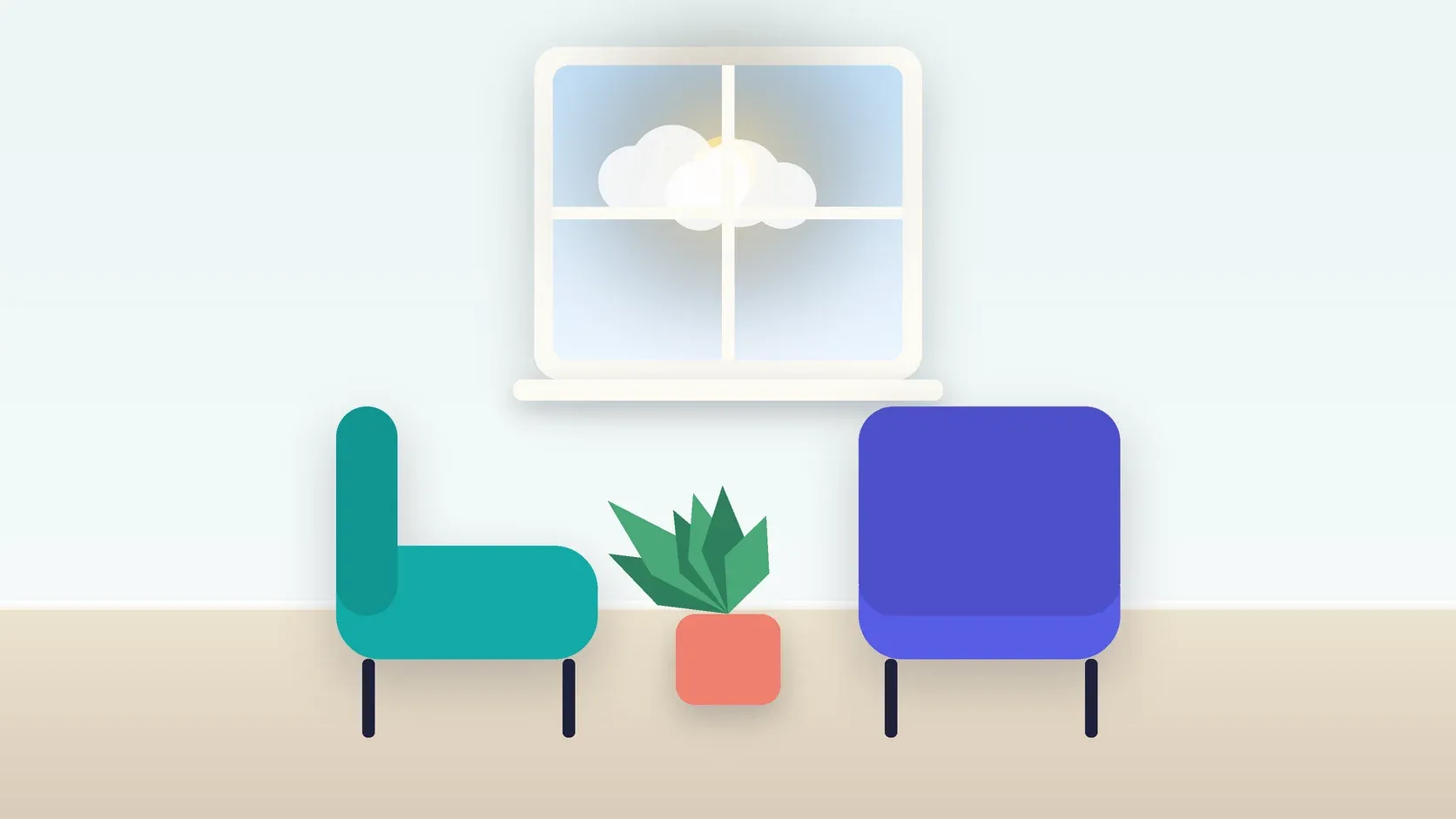 Illustration of two armchairs facing each other in a bright therapy room with a plant and a window