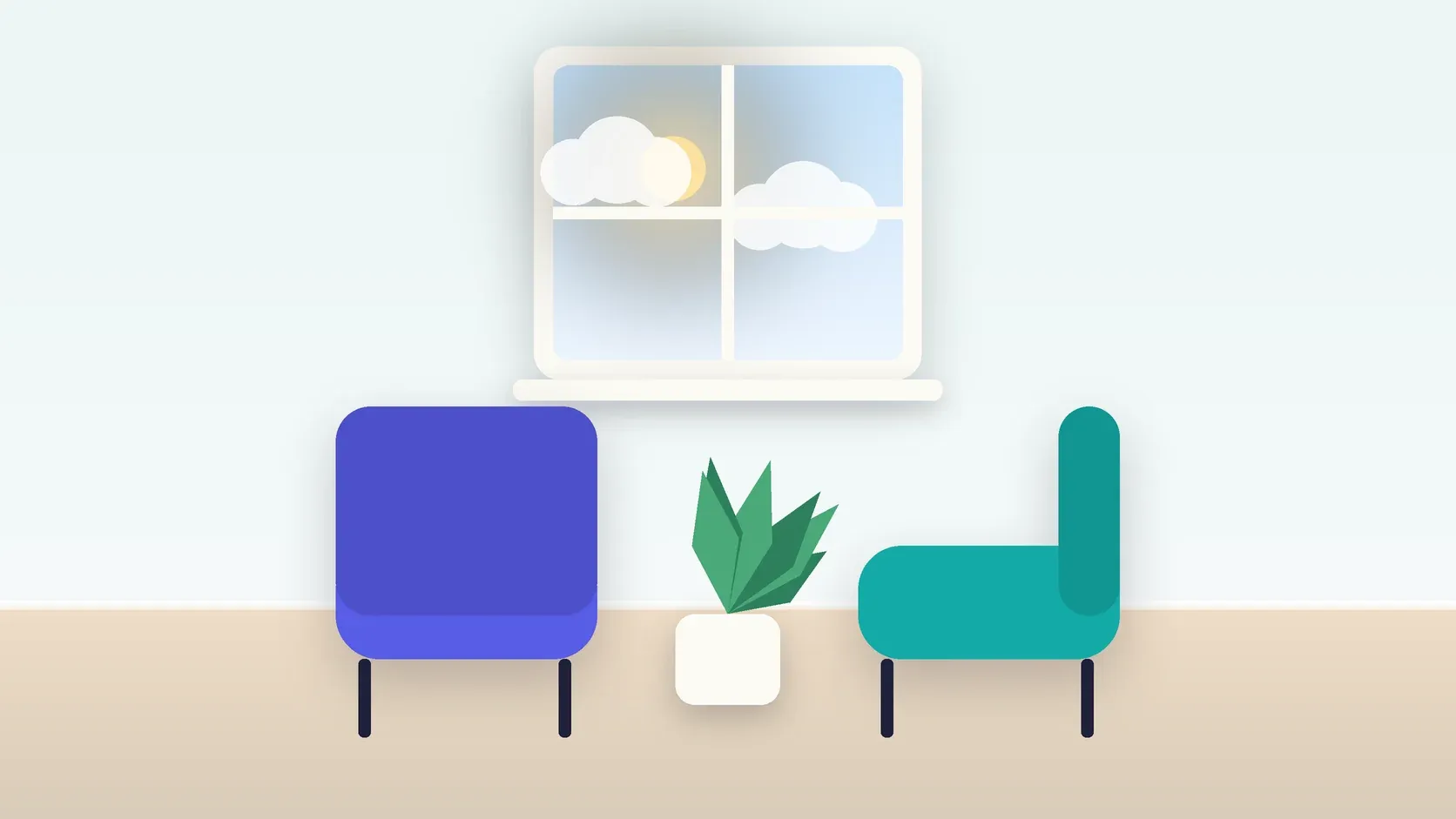 Illustration of two armchairs facing each other in a bright therapy room with a plant and a window
