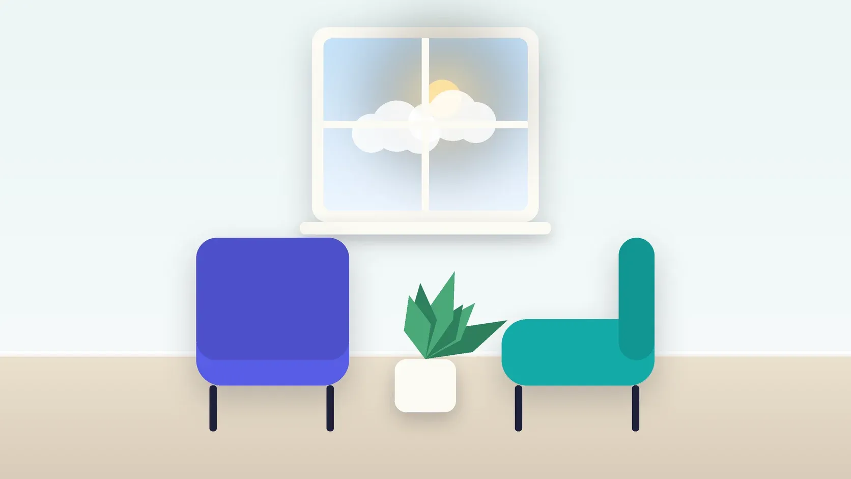 Illustration of two armchairs facing each other in a bright therapy room with a plant and a window