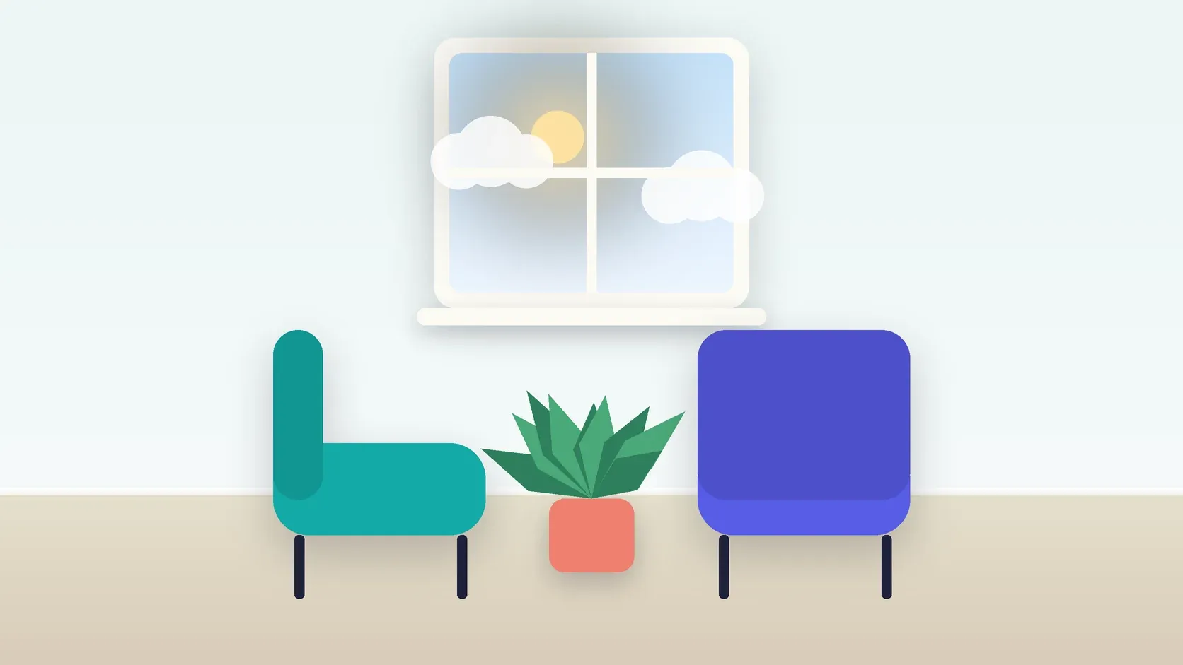 Illustration of two armchairs facing each other in a bright therapy room with a plant and a window