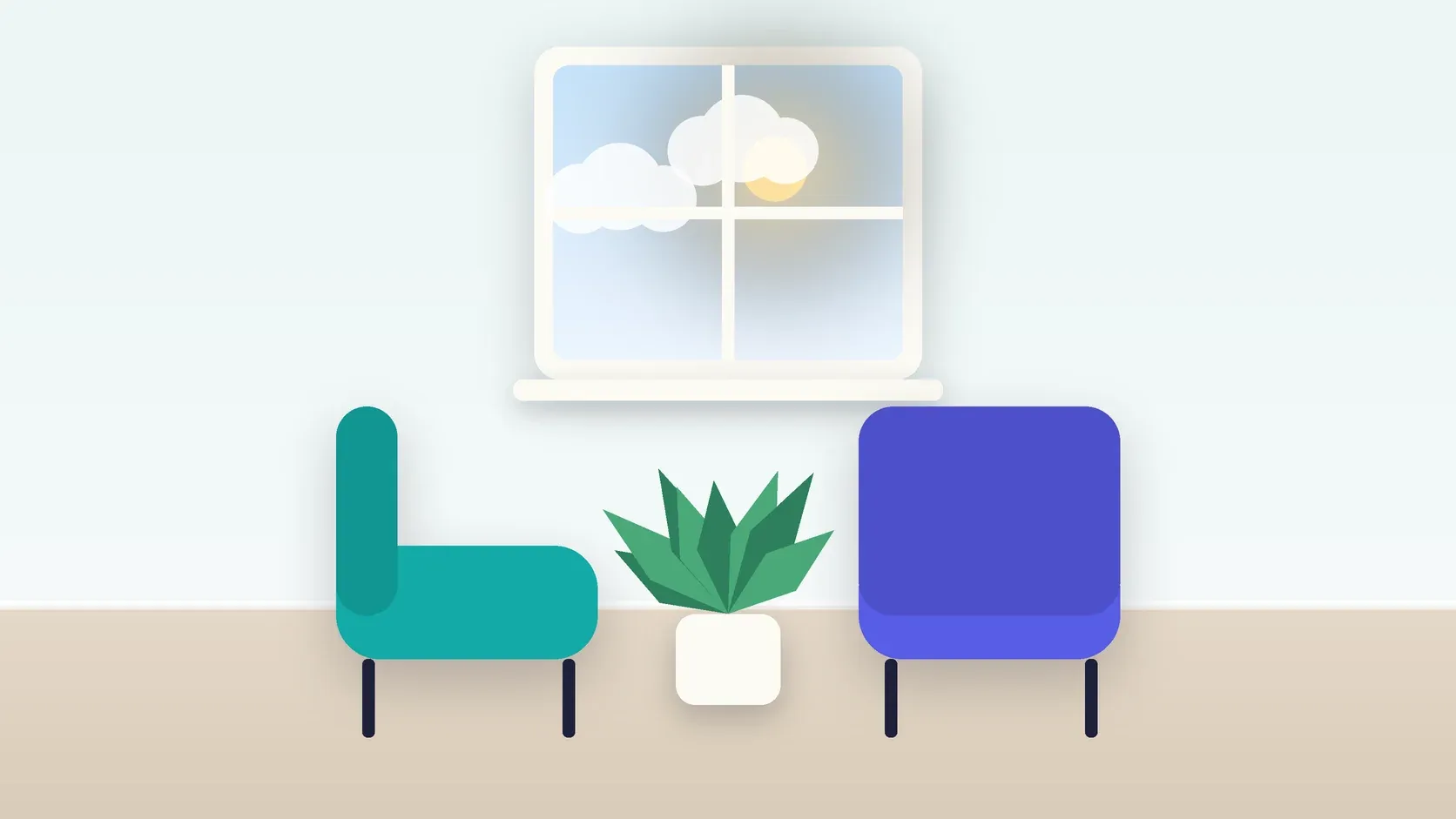 Illustration of two armchairs facing each other in a bright therapy room with a plant and a window