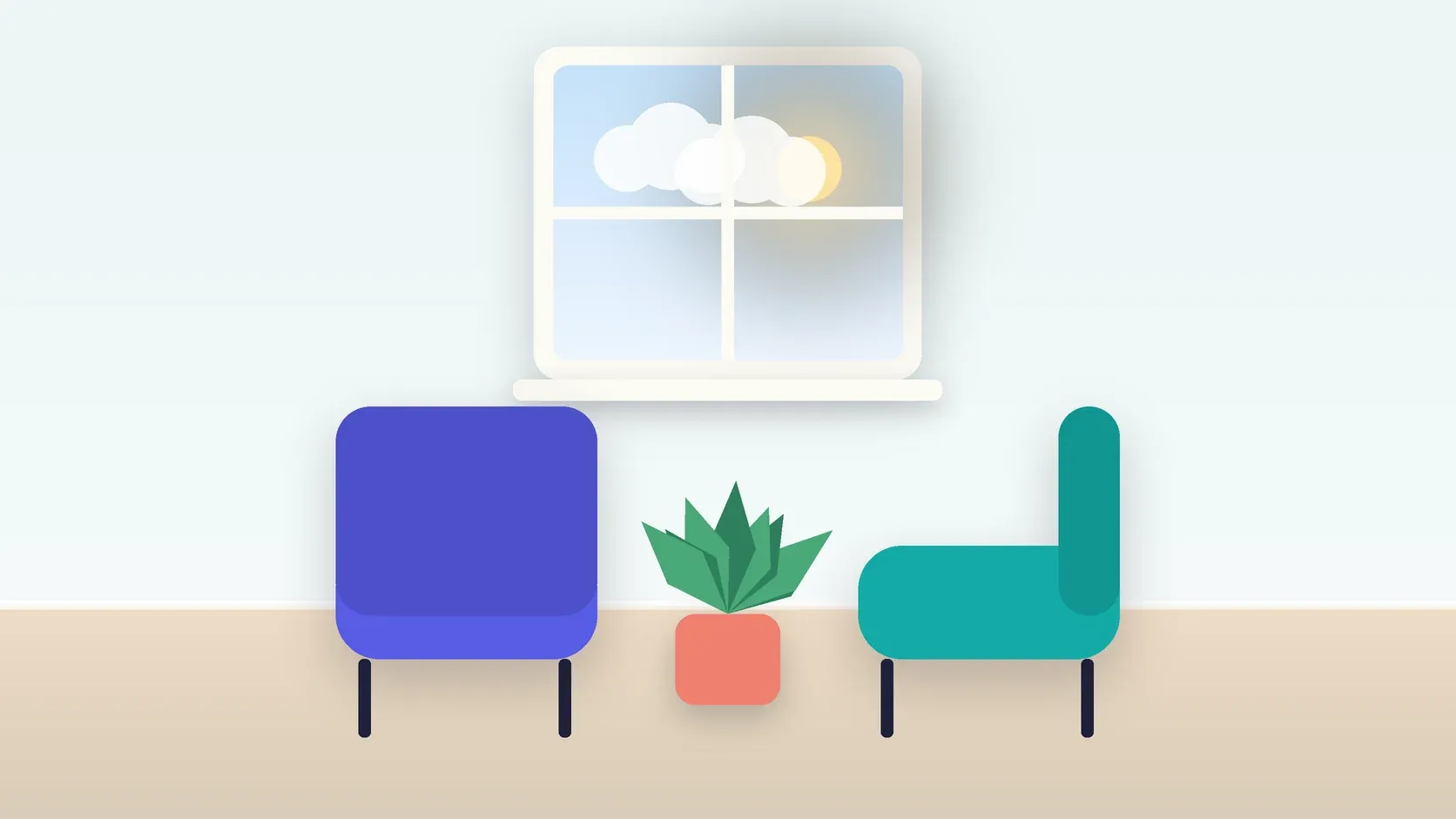 Illustration of two armchairs facing each other in a bright therapy room with a plant and a window