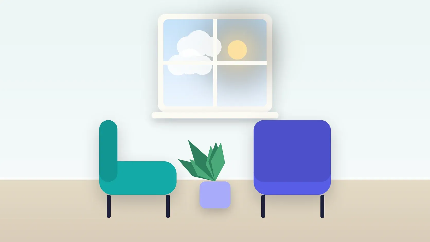 Illustration of two armchairs facing each other in a bright therapy room with a plant and a window