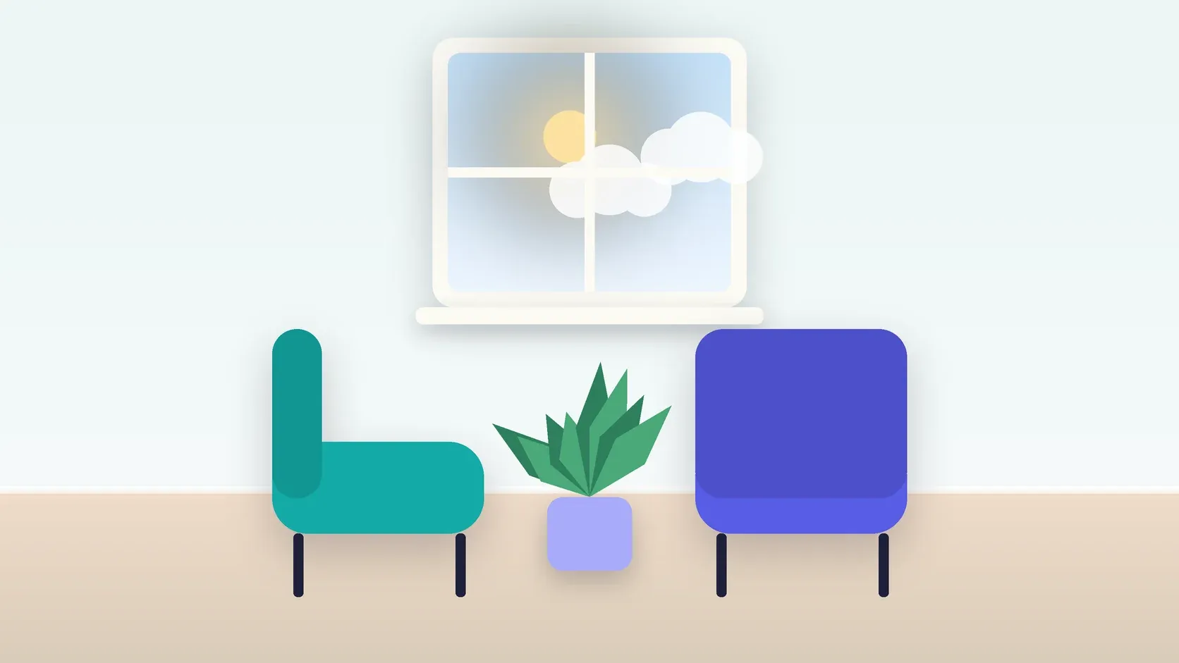 Illustration of two armchairs facing each other in a bright therapy room with a plant and a window