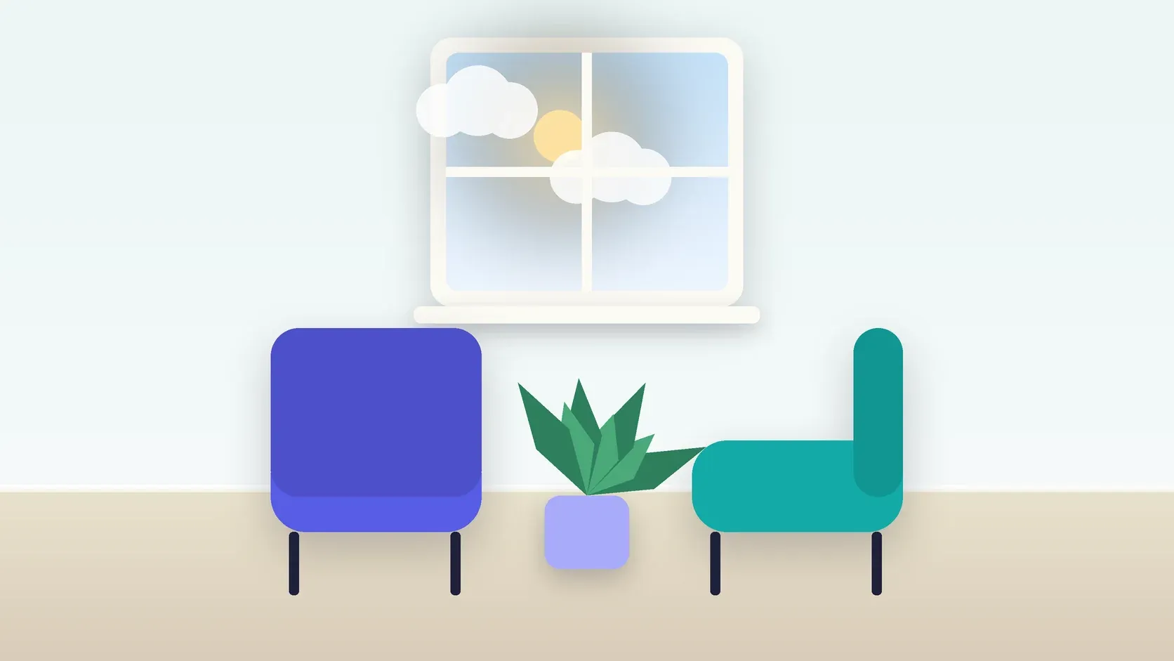 Illustration of two armchairs facing each other in a bright therapy room with a plant and a window