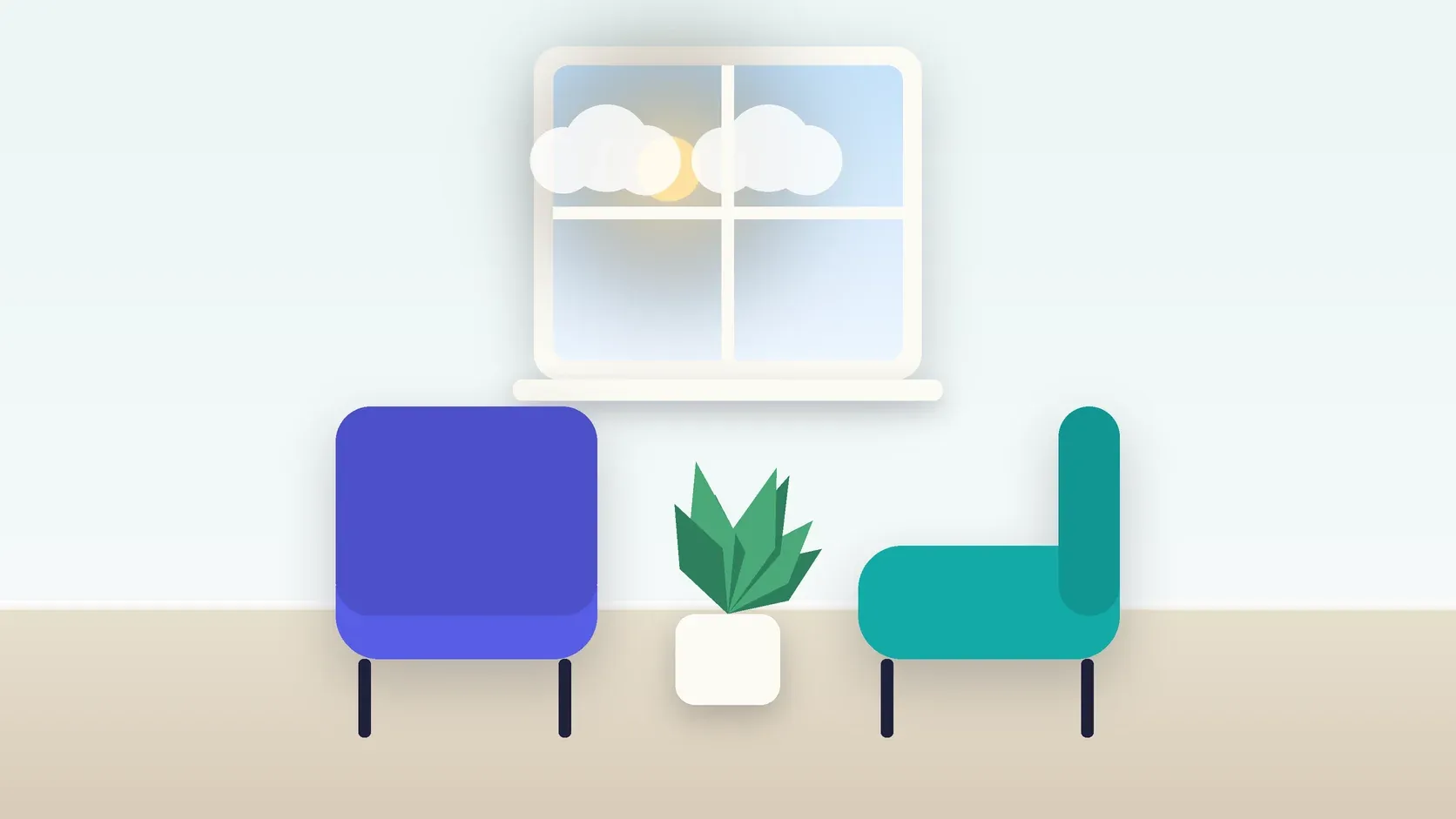 Illustration of two armchairs facing each other in a bright therapy room with a plant and a window