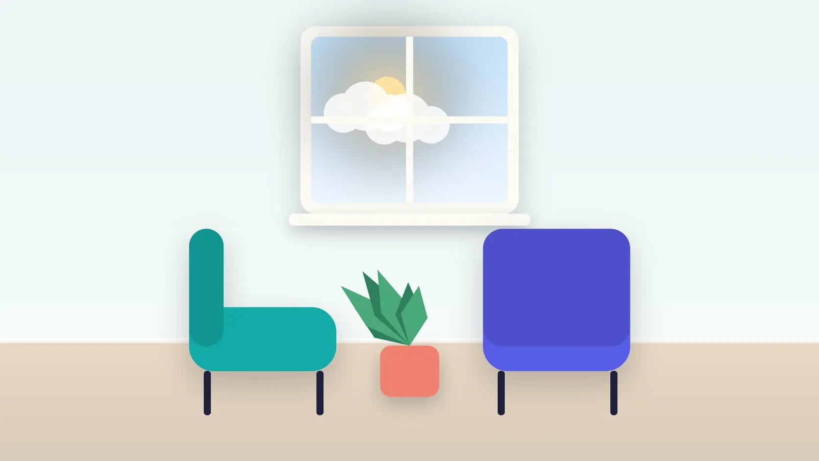 Illustration of two armchairs facing each other in a bright therapy room with a plant and a window