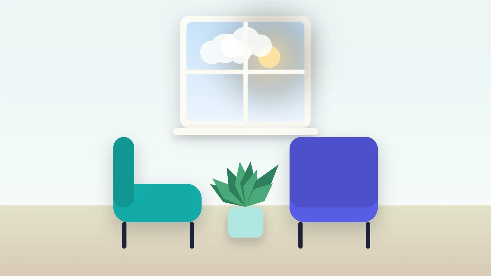 Illustration of two armchairs facing each other in a bright therapy room with a plant and a window