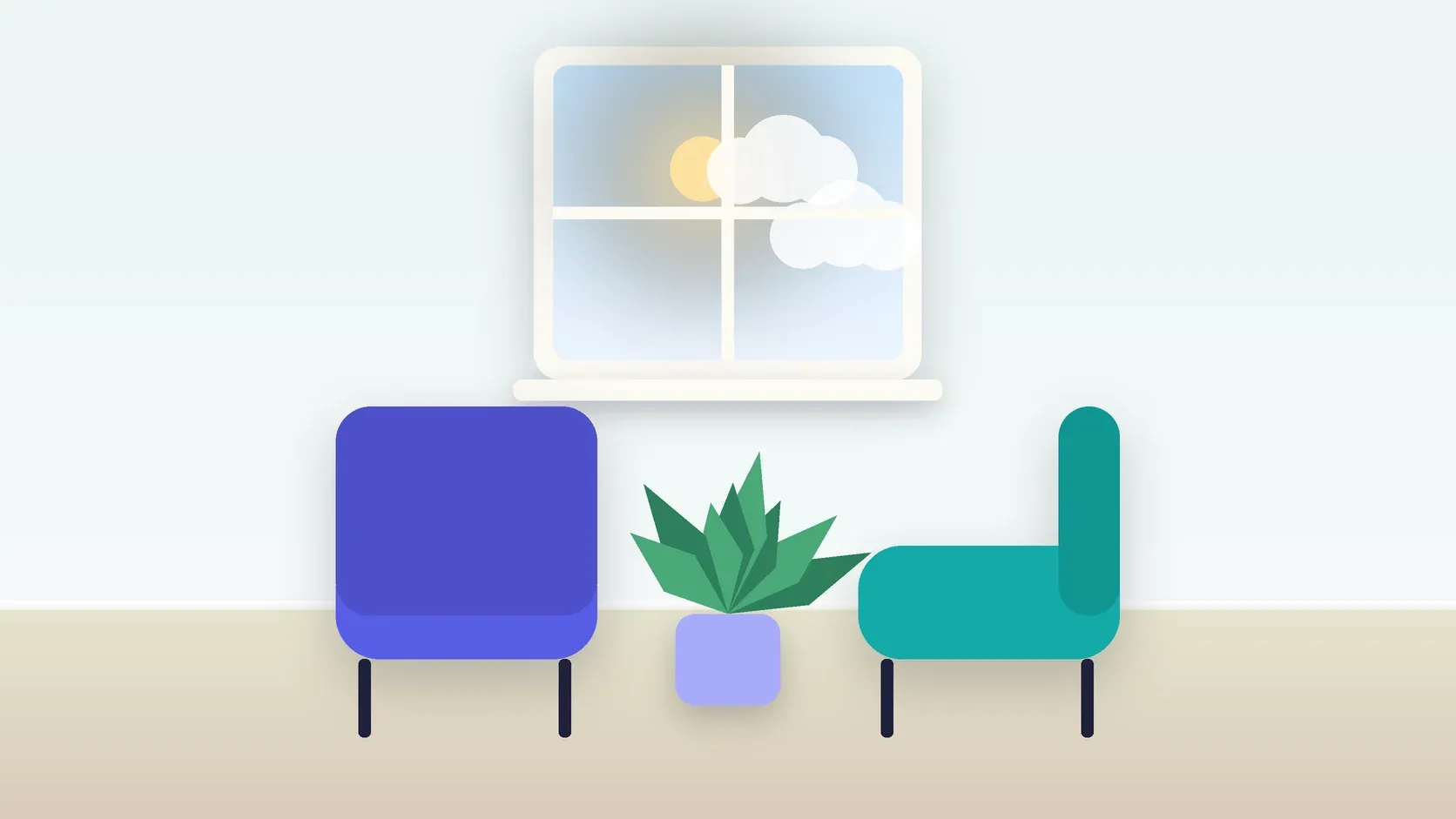 Illustration of two armchairs facing each other in a bright therapy room with a plant and a window