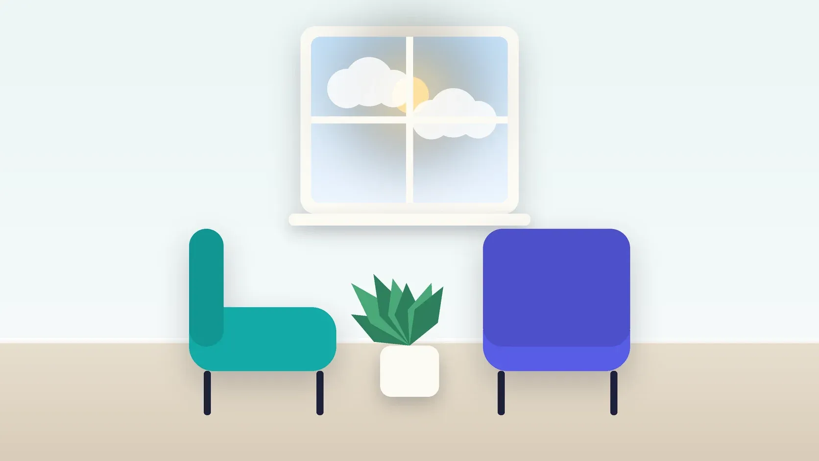 Illustration of two armchairs facing each other in a bright therapy room with a plant and a window
