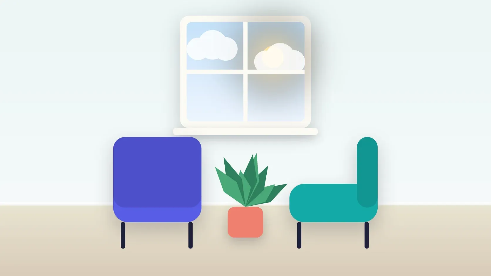 Illustration of two armchairs facing each other in a bright therapy room with a plant and a window