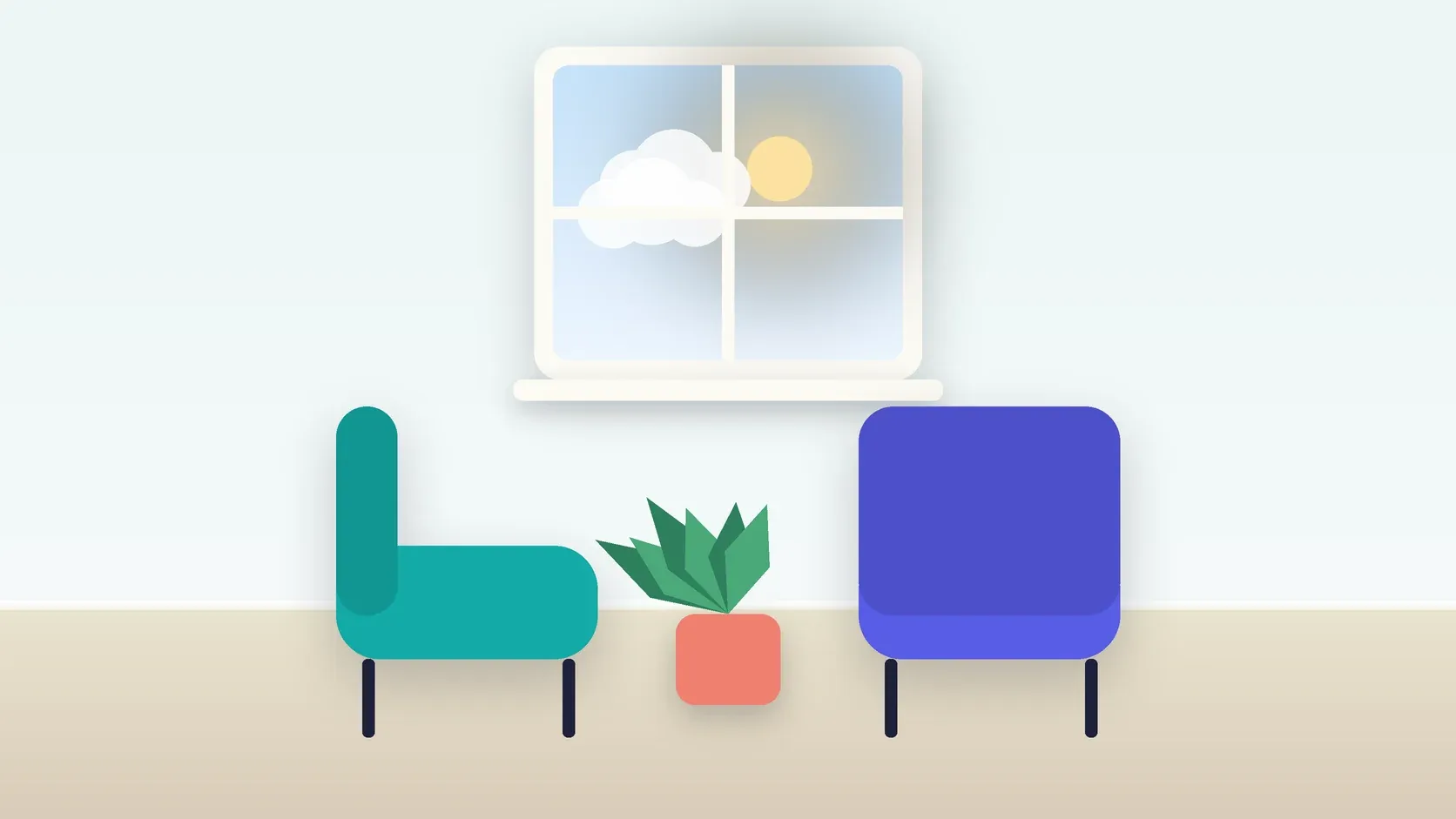 Illustration of two armchairs facing each other in a bright therapy room with a plant and a window