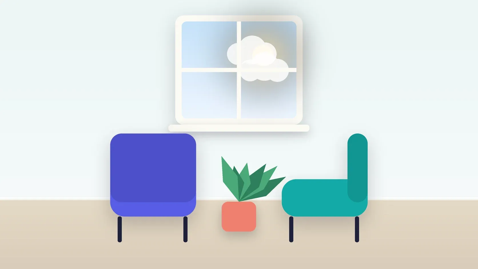 Illustration of two armchairs facing each other in a bright therapy room with a plant and a window