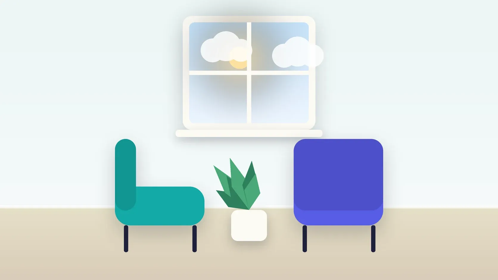 Illustration of two armchairs facing each other in a bright therapy room with a plant and a window