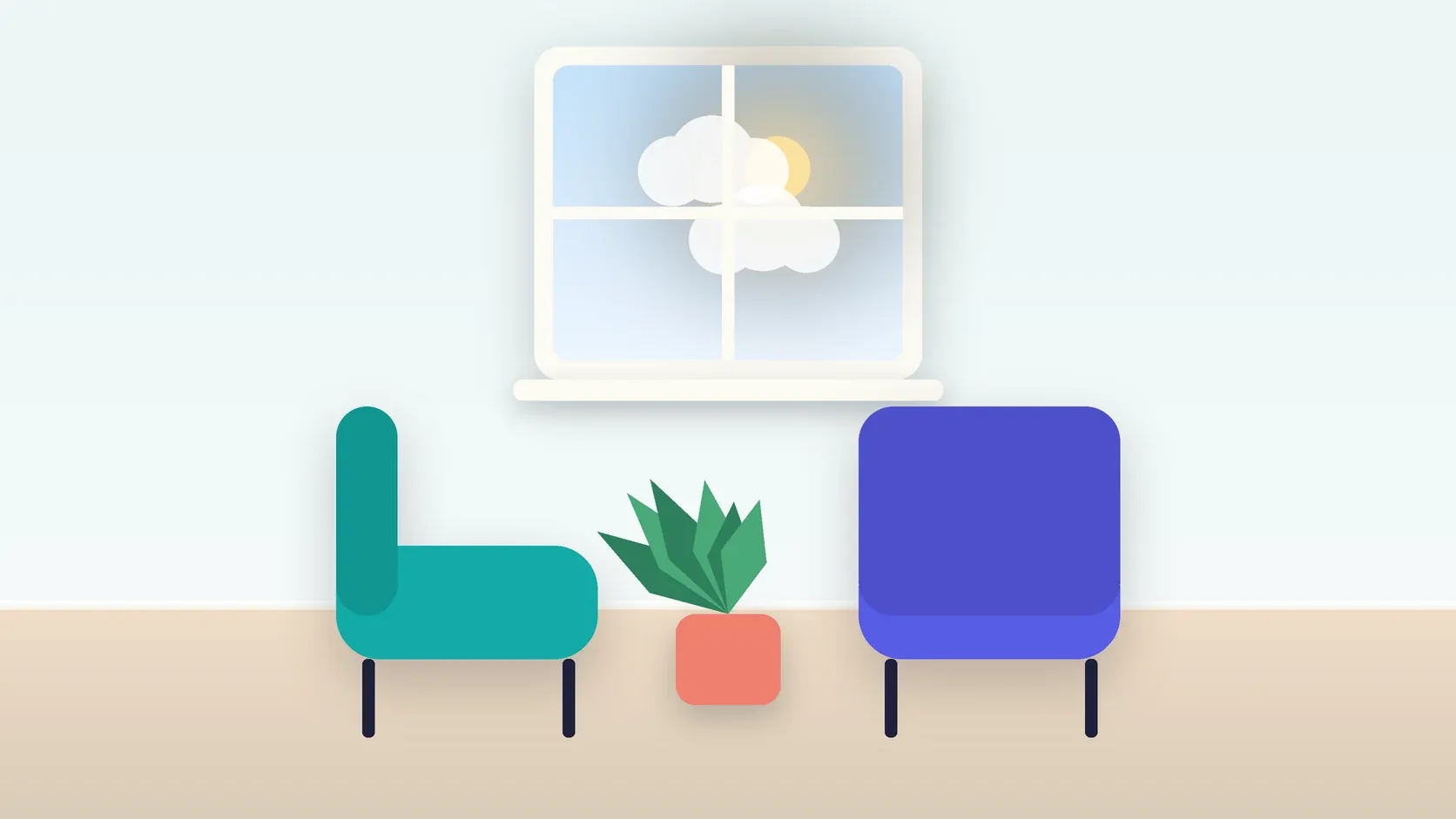 Illustration of two armchairs facing each other in a bright therapy room with a plant and a window