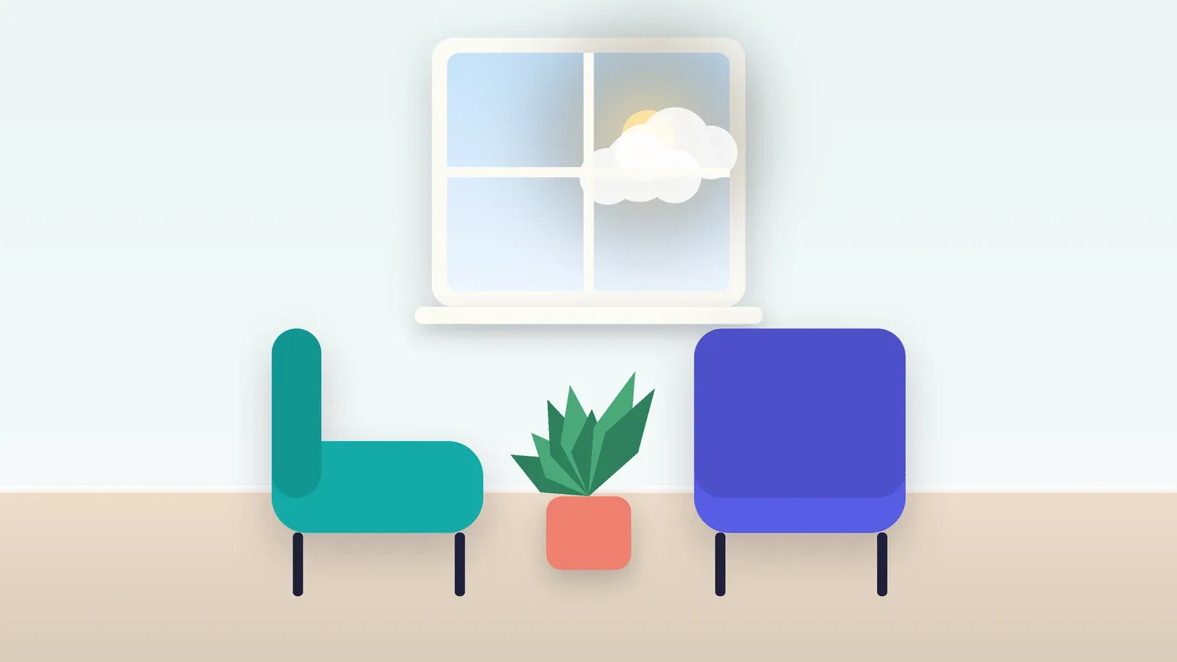 Illustration of two armchairs facing each other in a bright therapy room with a plant and a window