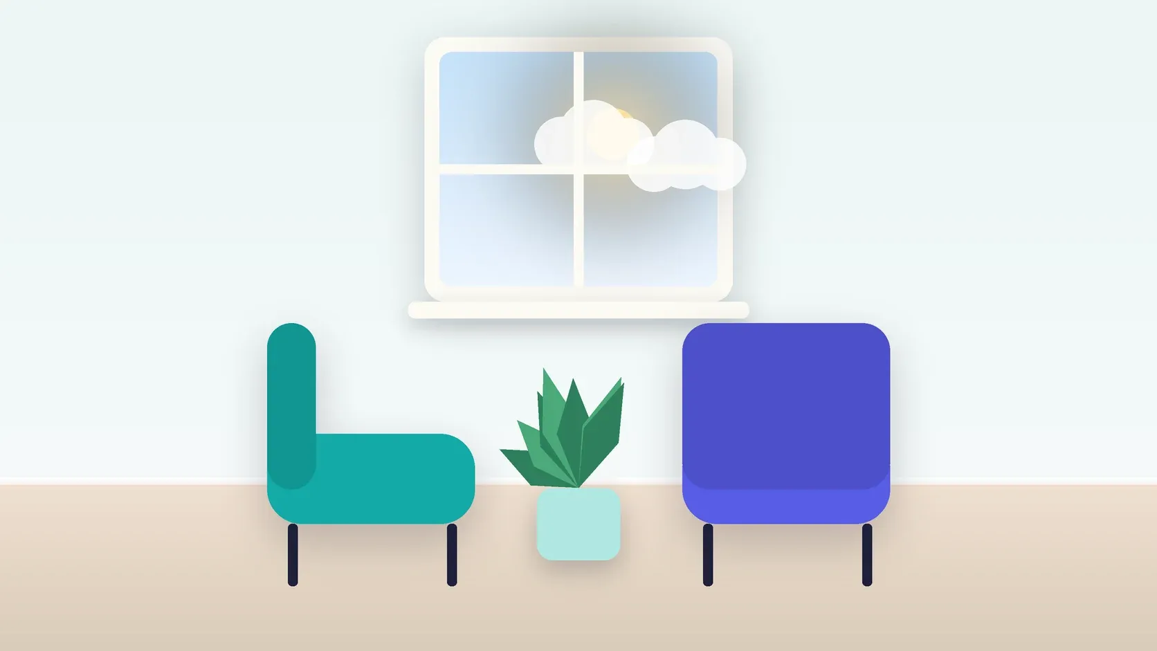 Illustration of two armchairs facing each other in a bright therapy room with a plant and a window