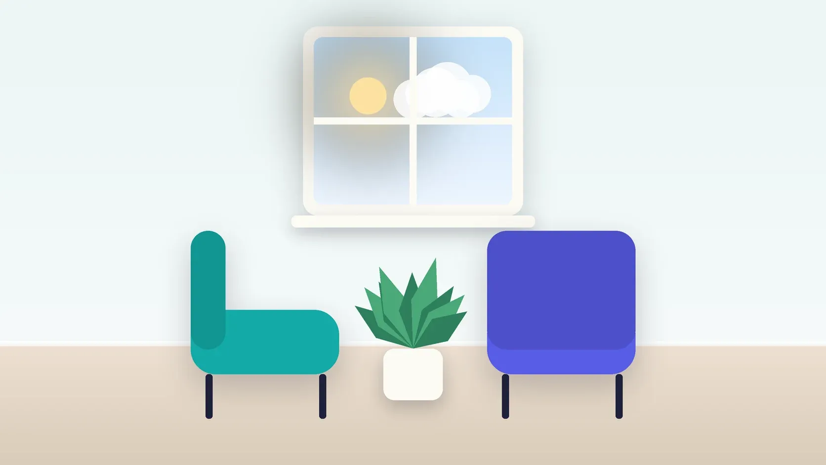 Illustration of two armchairs facing each other in a bright therapy room with a plant and a window
