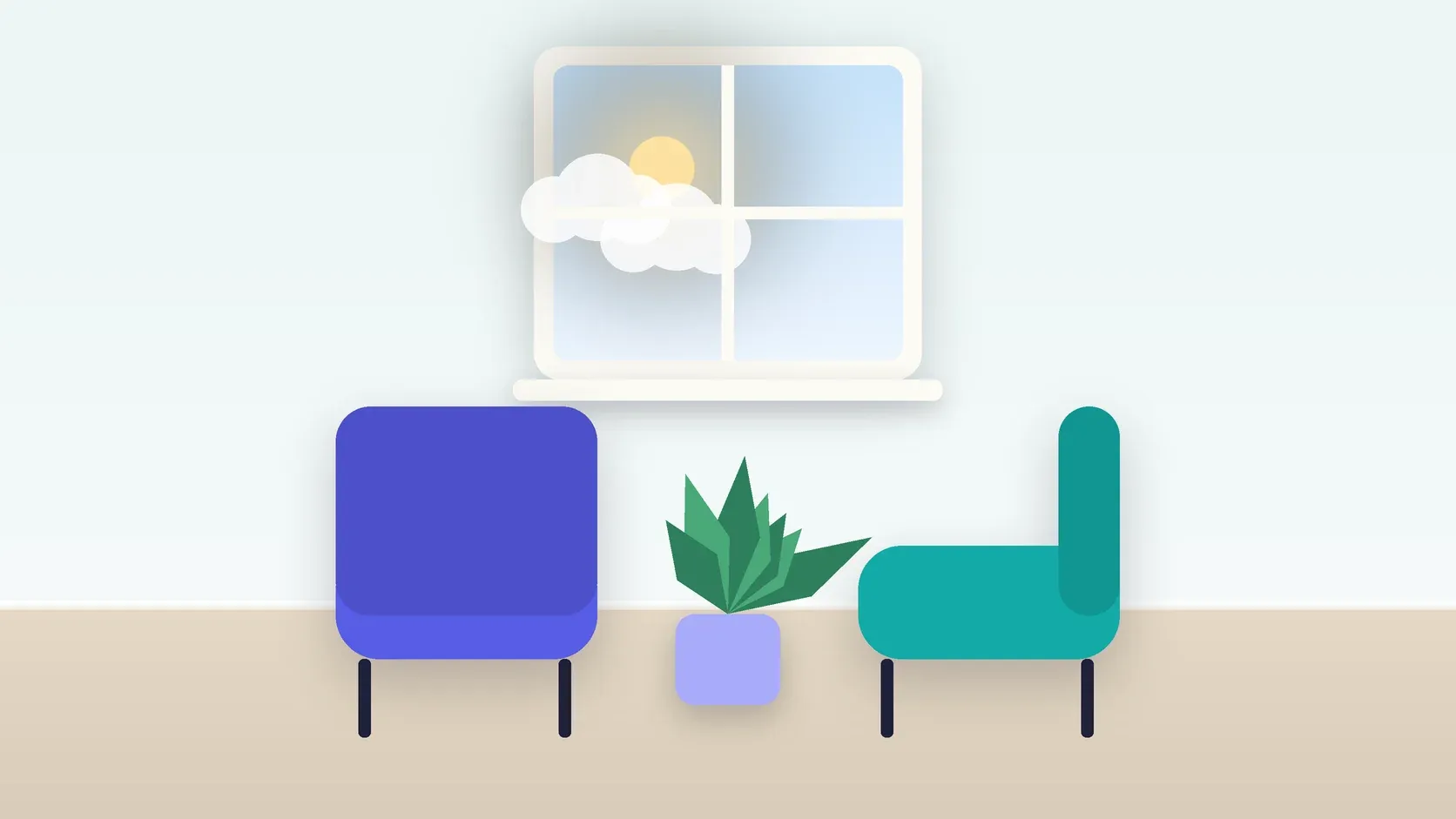 Illustration of two armchairs facing each other in a bright therapy room with a plant and a window