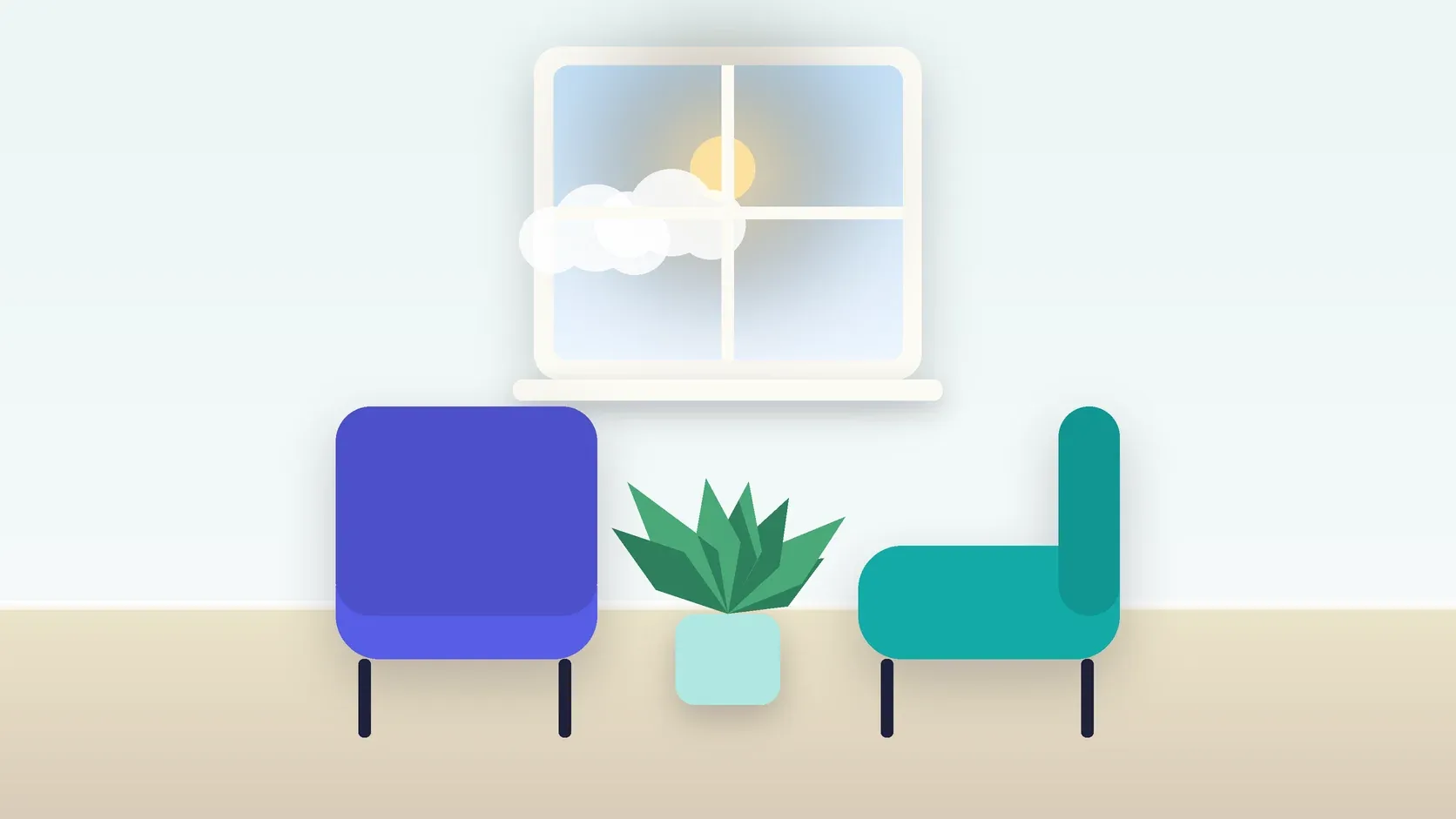 Illustration of two armchairs facing each other in a bright therapy room with a plant and a window