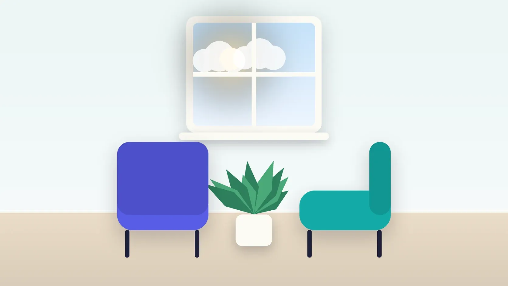 Illustration of two armchairs facing each other in a bright therapy room with a plant and a window