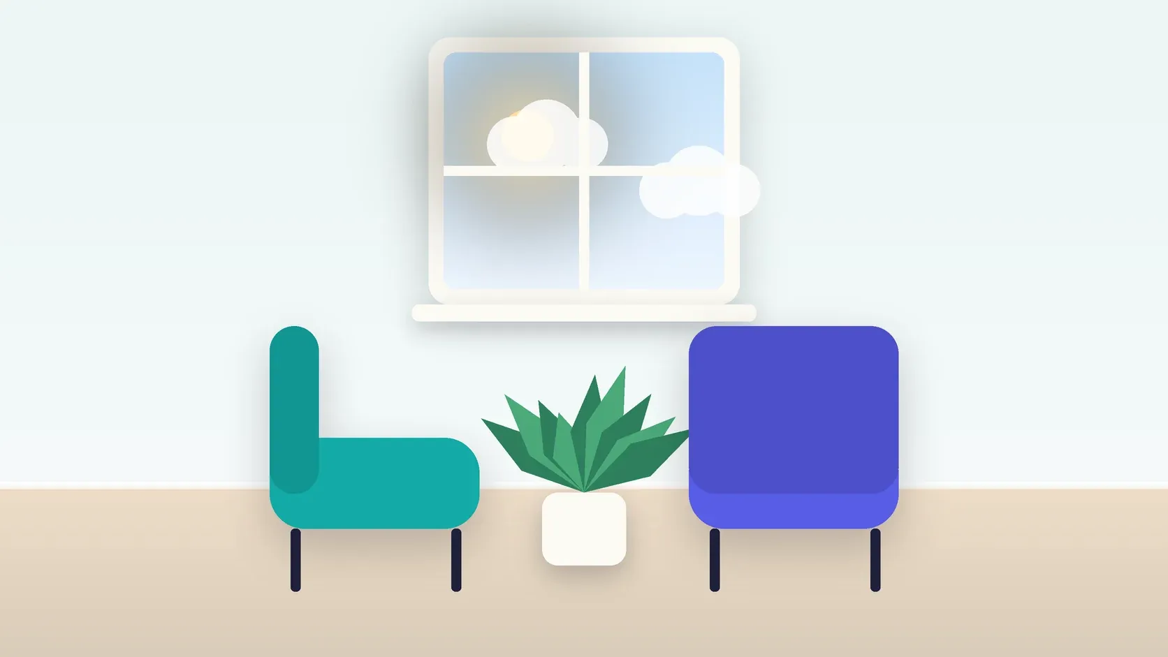 Illustration of two armchairs facing each other in a bright therapy room with a plant and a window