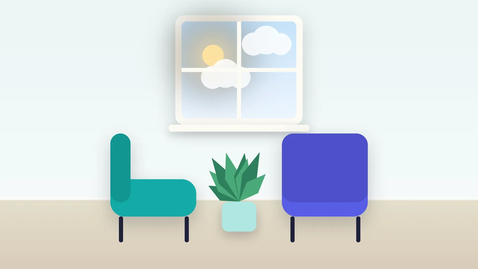 Illustration of two armchairs facing each other in a bright therapy room with a plant and a window