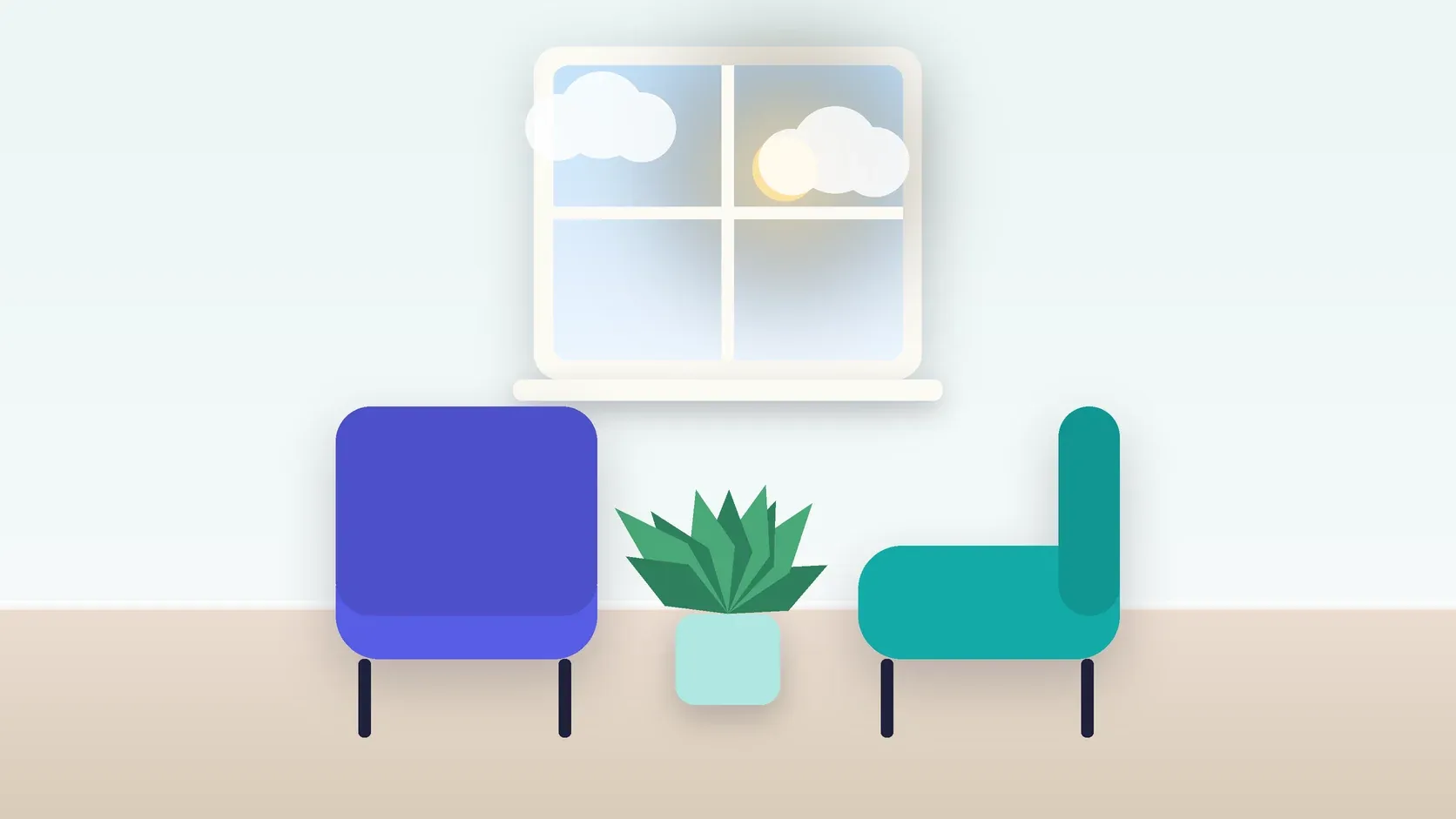 Illustration of two armchairs facing each other in a bright therapy room with a plant and a window