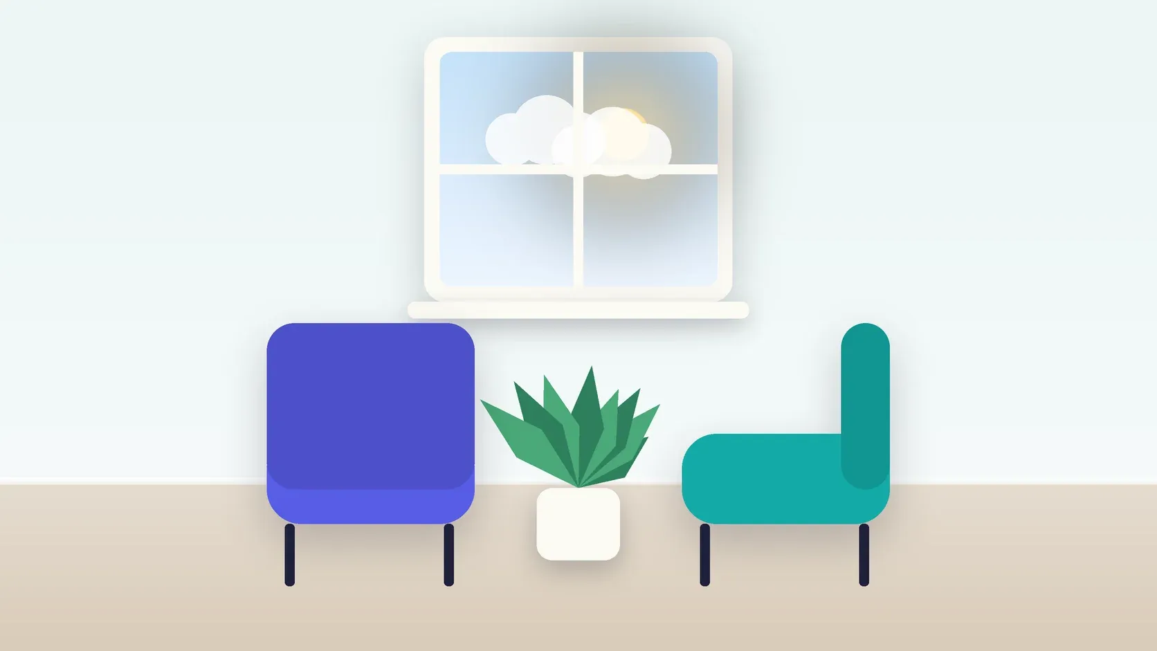 Illustration of two armchairs facing each other in a bright therapy room with a plant and a window