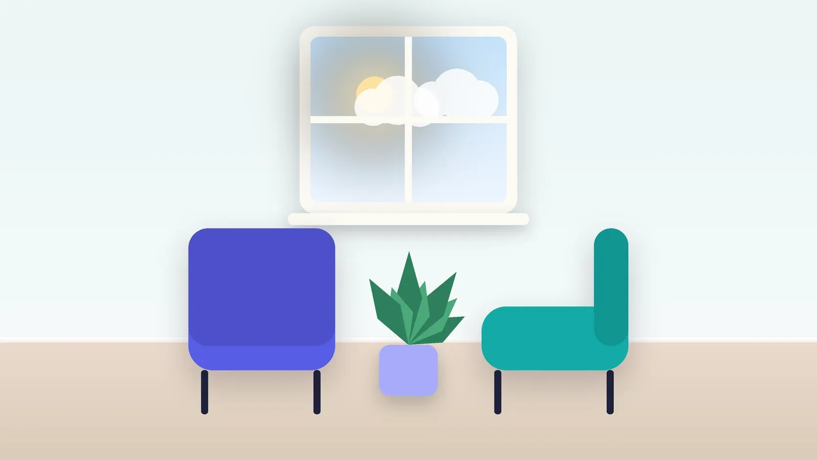 Illustration of two armchairs facing each other in a bright therapy room with a plant and a window