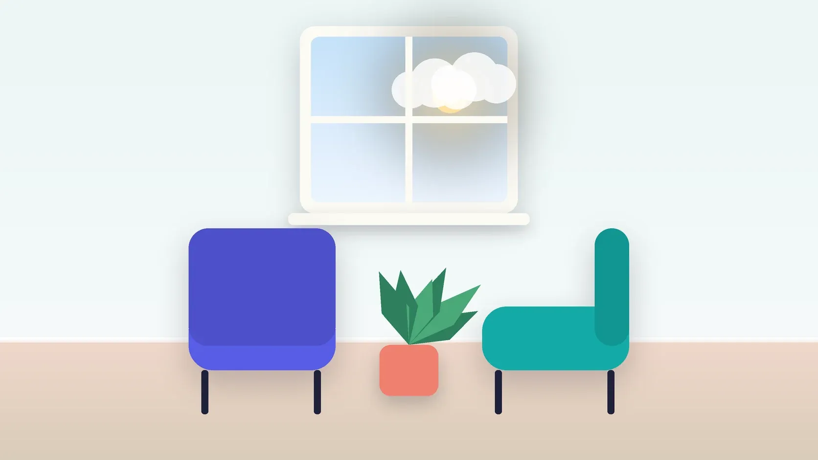 Illustration of two armchairs facing each other in a bright therapy room with a plant and a window