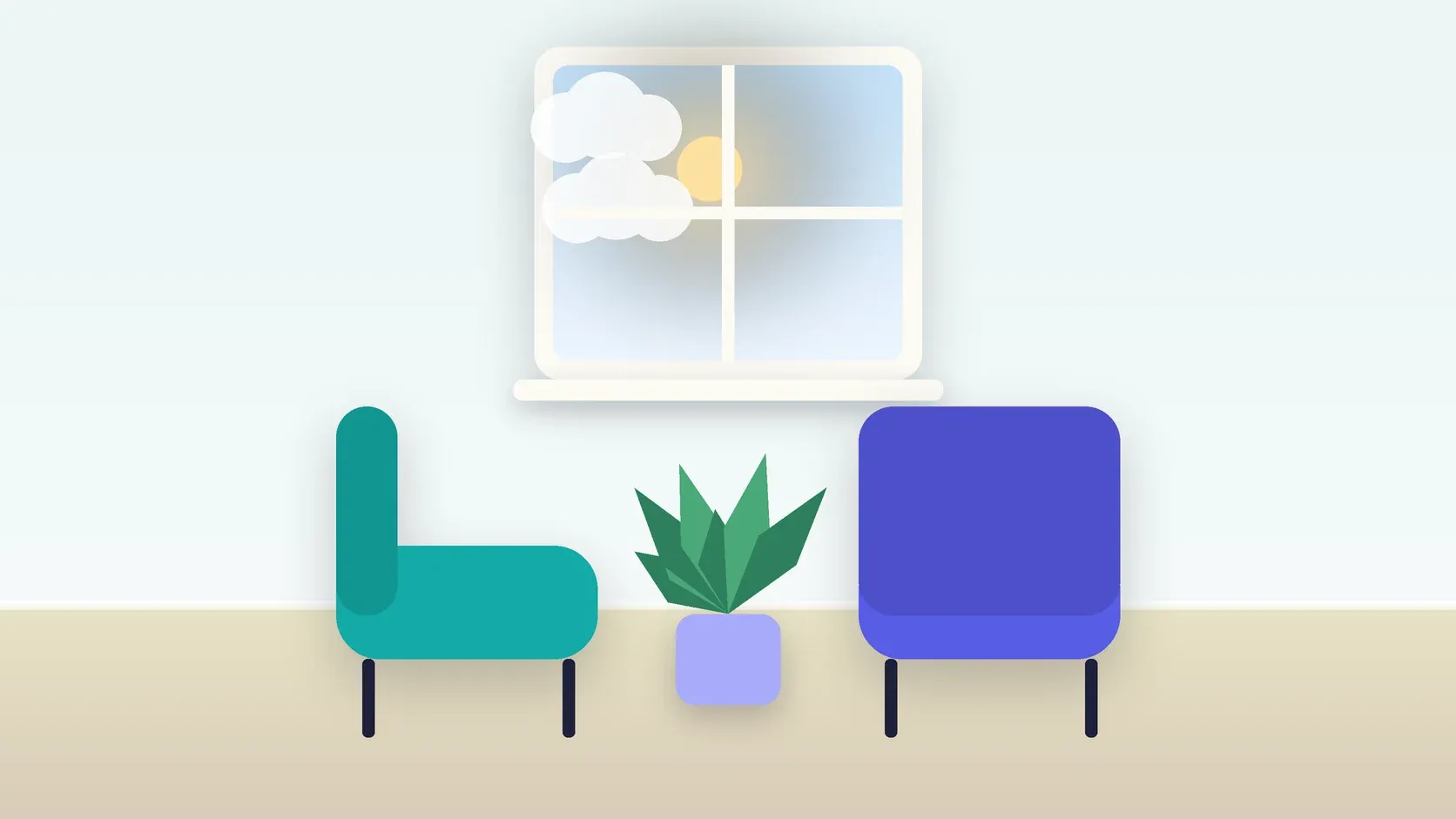 Illustration of two armchairs facing each other in a bright therapy room with a plant and a window